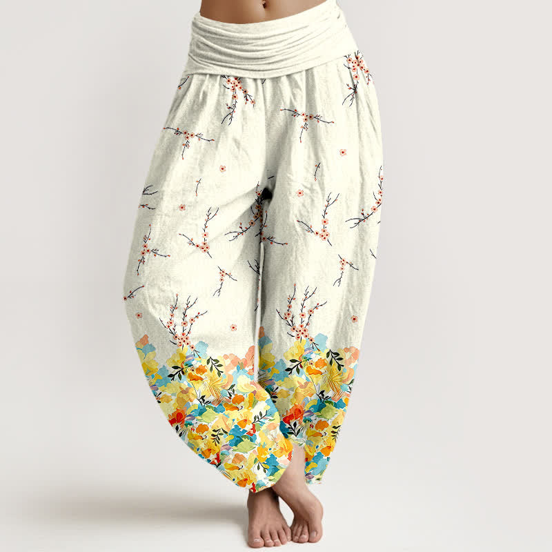 Buddha Stones Bawełniane spodnie haremki damskie z elastycznym pasem i drobnym kwiatowym wzorem w stylu boho - Żółty - US16, UK/AU20, EU48 (3XL) - image 0