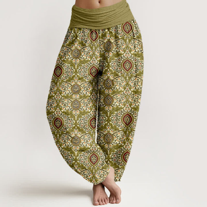 Buddha Stones Spodnie damskie typu harem z czystej bawełny z wzorem paisley w romby i elastyczną talią - Oliwka - US16, UK/AU20, EU48 (3XL) - image 0
