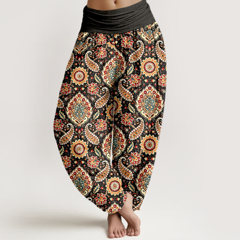 Buddha Stones Bawełniane spodnie damskie typu harem z elastycznym pasem i wzorem mandali w stylu paisley w stylu boho - Czarny - US16, UK/AU20, EU48 (3XL) - image 0