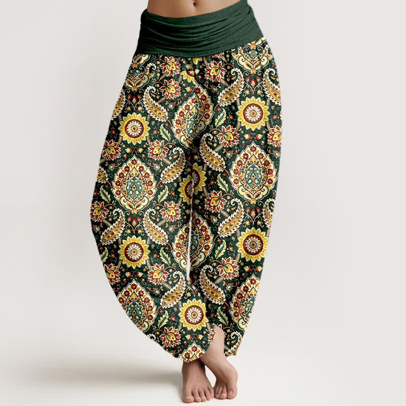Buddha Stones Bawełniane spodnie damskie typu harem z elastycznym pasem i wzorem mandali w stylu paisley w stylu boho - Ciemnozielony - US16, UK/AU20, EU48 (3XL) - image 3