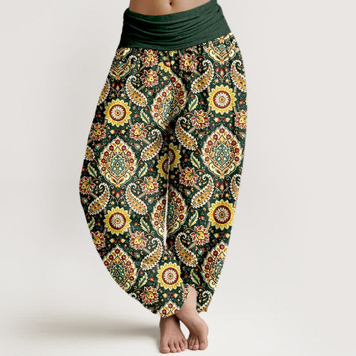 Buddha Stones Bawełniane spodnie damskie typu harem z elastycznym pasem i wzorem mandali w stylu paisley w stylu boho - Ciemnozielony - US16, UK/AU20, EU48 (3XL) - image 3