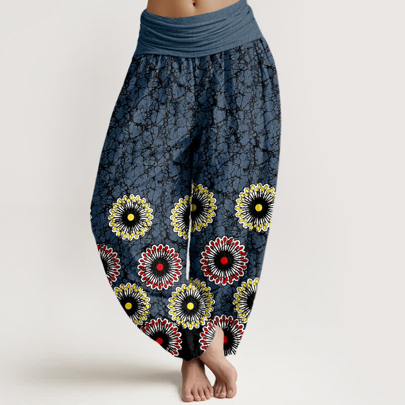 Buddha Stones Spodnie damskie harem z elastycznej talii z czystej bawełny, w kwiaty i promienie słoneczne - Ciemnoniebieski - US16, UK/AU20, EU48 (3XL) - image 0