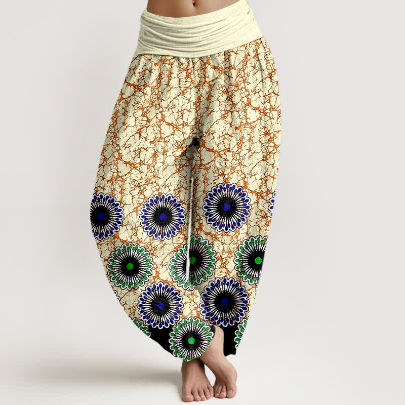 Buddha Stones Spodnie damskie harem z elastycznej talii z czystej bawełny, w kwiaty i promienie słoneczne - Nawłoć - US16, UK/AU20, EU48 (3XL) - image 3