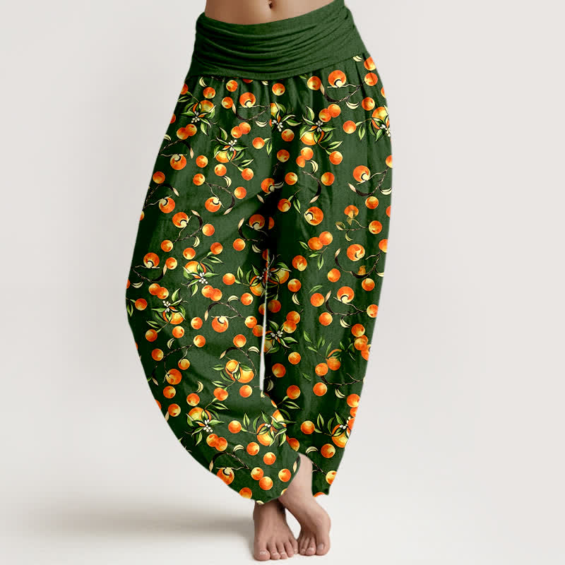 Buddha Stones Spodnie damskie harem z elastycznej talii z motywem liści mandarynki z czystej bawełny - ForestGreen - US16, UK/AU20, EU48 (3XL) - image 0