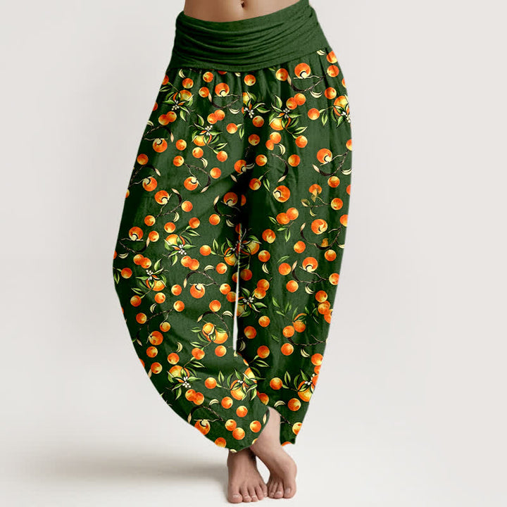 Buddha Stones Spodnie damskie harem z elastycznej talii z motywem liści mandarynki z czystej bawełny - ForestGreen - US16, UK/AU20, EU48 (3XL) - image 0