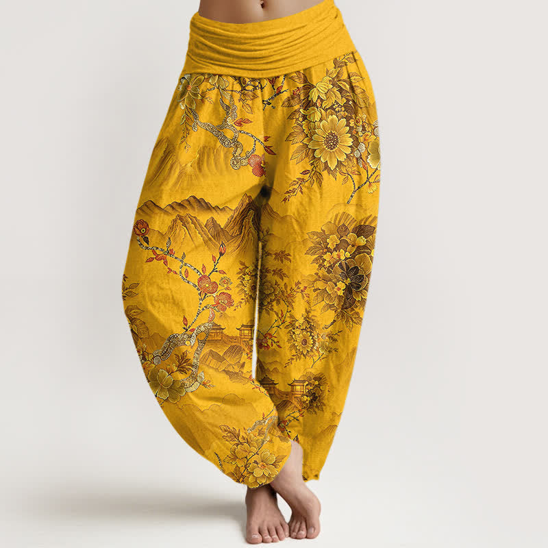 Buddha Stones Bawełniane spodnie damskie typu harem z elastycznym pasem i orientalnym wzorem kwiatowym - Nawłoć - US16, UK/AU20, EU48 (3XL) - image 3