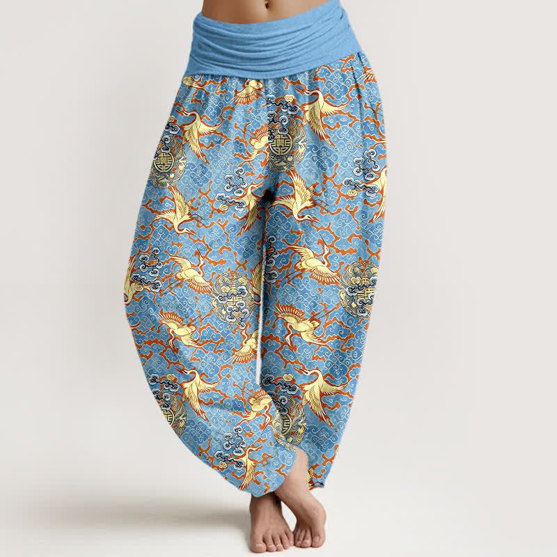 Buddha Stones Spodnie damskie harem z elastycznej talii z czystej bawełny w białe chmury i żurawia - LightSkyBlue - US16, UK/AU20, EU48 (3XL) - image 0