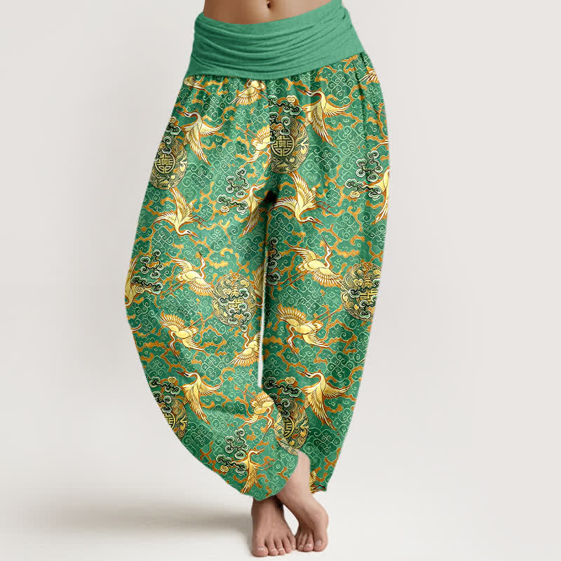 Buddha Stones Spodnie damskie harem z elastycznej talii z czystej bawełny w białe chmury i żurawia - MediumSeaGreen - US16, UK/AU20, EU48 (3XL) - image 6