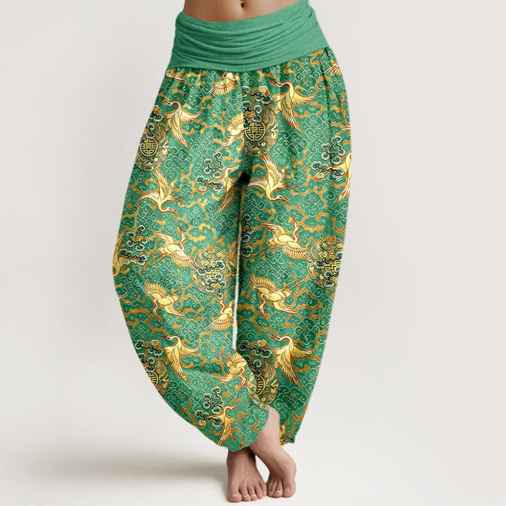 Buddha Stones Spodnie damskie harem z elastycznej talii z czystej bawełny w białe chmury i żurawia - MediumSeaGreen - US16, UK/AU20, EU48 (3XL) - image 6