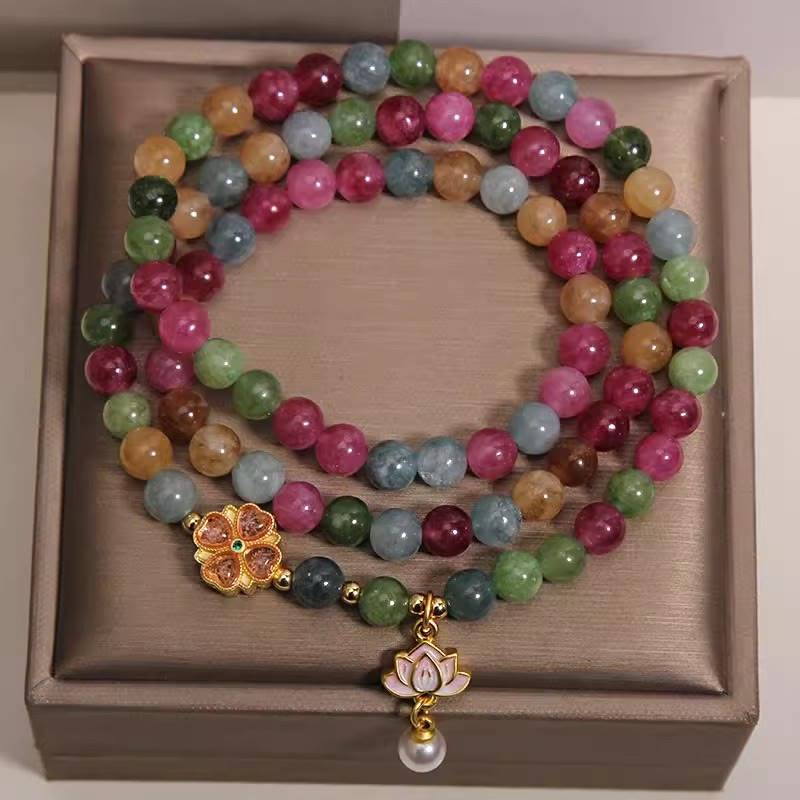 Buddha Stones Bransoletka z koralikami i zawieszkami Rainbow Turmalin Lotus Wisdom Triple Wrap - image 1