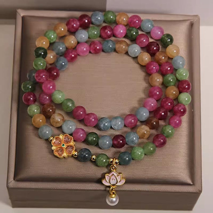 Buddha Stones Bransoletka z koralikami i zawieszkami Rainbow Turmalin Lotus Wisdom Triple Wrap - image 1