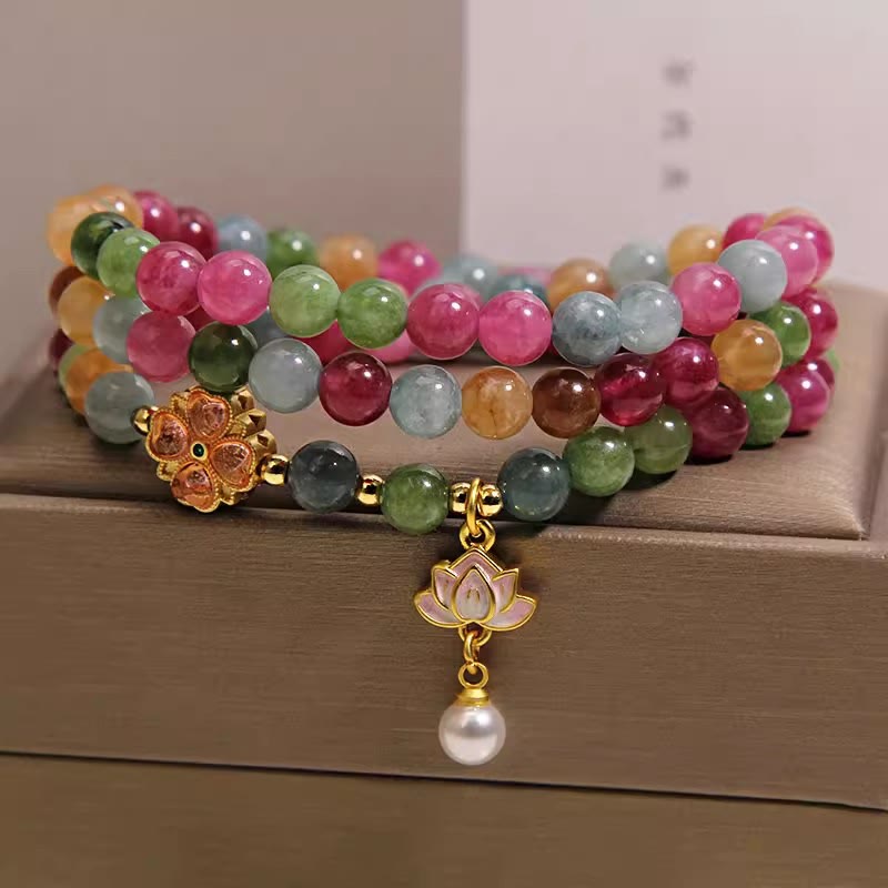 Buddha Stones Bransoletka z koralikami i zawieszkami Rainbow Turmalin Lotus Wisdom Triple Wrap - Turmalin (ochrona ♥ leczenie) - image 0