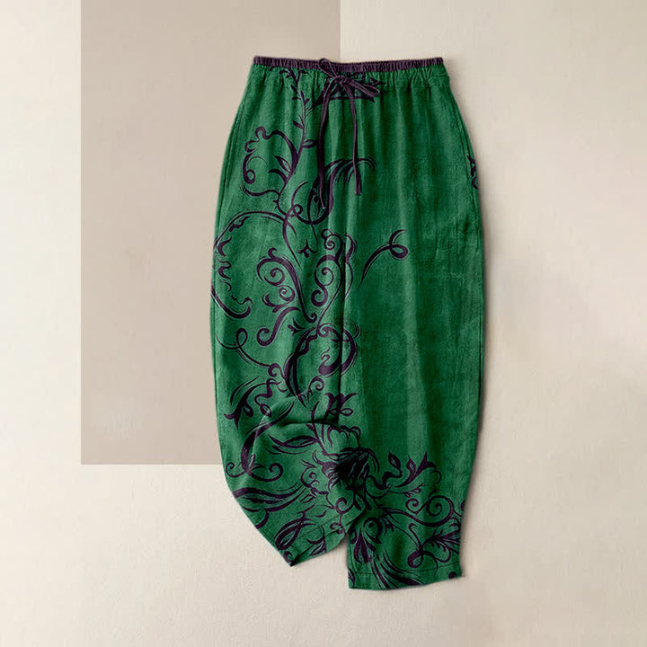 Buddha Stones Spodnie damskie z elastycznej talii z aksamitu bawełnianego z motywem winorośli i kieszeniami - ForestGreen - US16, UK/AU20, EU48 (3XL) - image 4