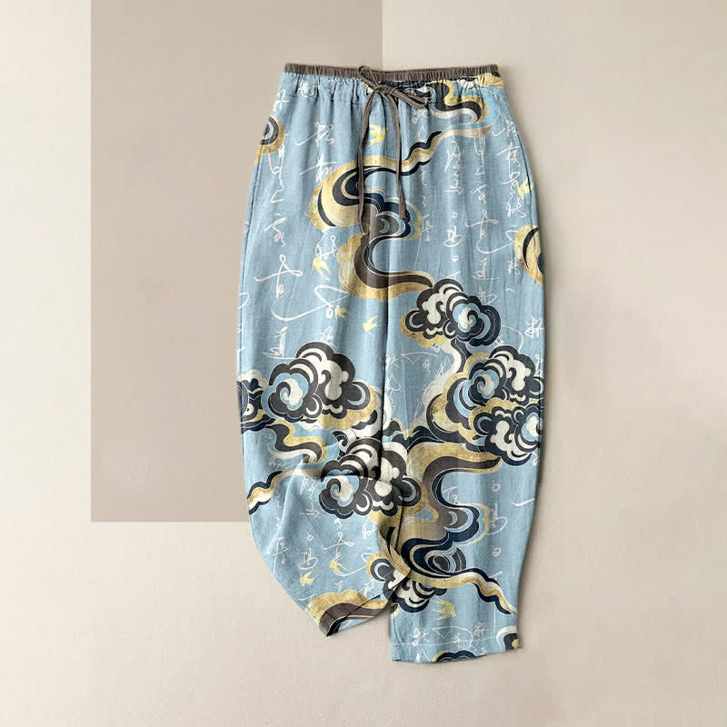 Buddha Stones Spodnie damskie z elastyczną talią i kieszeniami, wykonane z czystej bawełny, z orientalnym wzorem chmur i kaligrafią - PowderBlue - US16, UK/AU20, EU48 (3XL) - image 3
