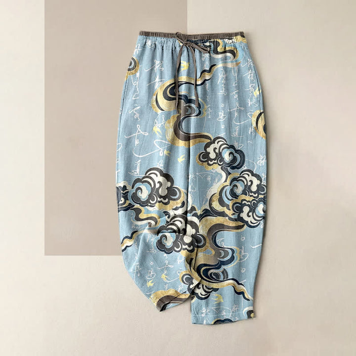 Buddha Stones Spodnie damskie z elastyczną talią i kieszeniami, wykonane z czystej bawełny, z orientalnym wzorem chmur i kaligrafią - PowderBlue - US16, UK/AU20, EU48 (3XL) - image 3