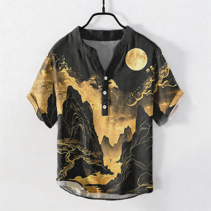 Buddha Stones Koszula męska z krótkim rękawem i krótkim rękawem z nadrukiem Golden Moon Landscape Pattern, zapinana na pół guzika - Czarny - US/UK/AU50, EU60 (5XL) - image 0