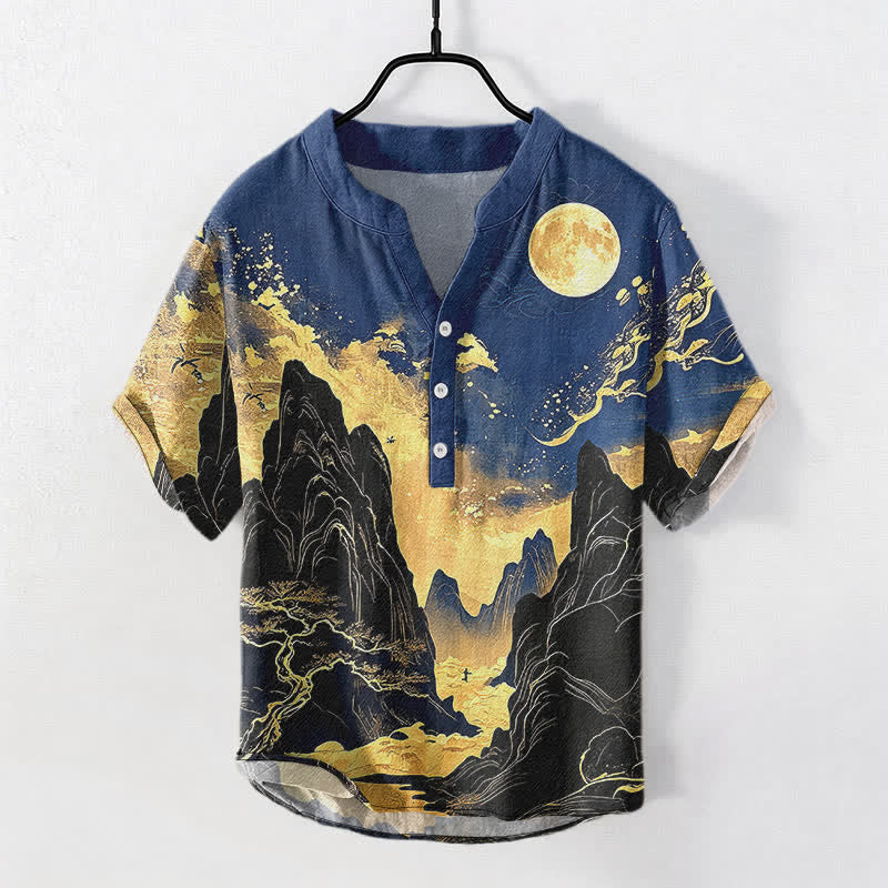 Buddha Stones Koszula męska z krótkim rękawem i krótkim rękawem z nadrukiem Golden Moon Landscape Pattern, zapinana na pół guzika - Ciemnoniebieski - US/UK/AU50, EU60 (5XL) - image 5