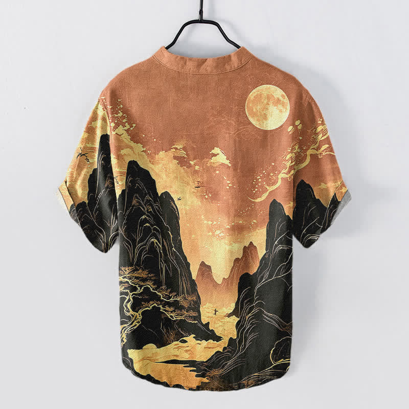 Buddha Stones Koszula męska z krótkim rękawem i krótkim rękawem z nadrukiem Golden Moon Landscape Pattern, zapinana na pół guzika - image 8