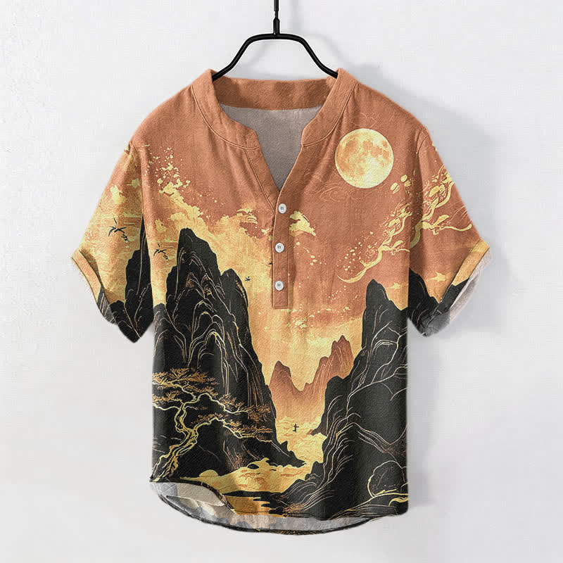 Buddha Stones Koszula męska z krótkim rękawem i krótkim rękawem z nadrukiem Golden Moon Landscape Pattern, zapinana na pół guzika - SandyBrown - US/UK/AU50, EU60 (5XL) - image 7