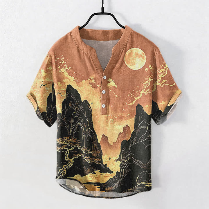 Buddha Stones Koszula męska z krótkim rękawem i krótkim rękawem z nadrukiem Golden Moon Landscape Pattern, zapinana na pół guzika - SandyBrown - US/UK/AU50, EU60 (5XL) - image 7