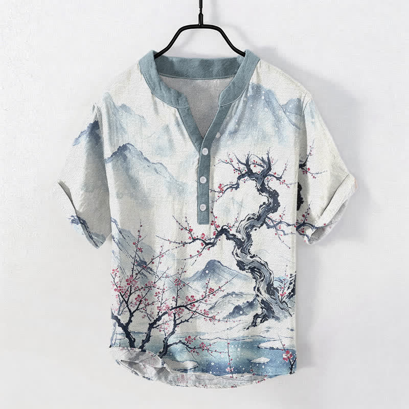 Buddha Stones Koszula męska z krótkim rękawem i półguzikiem, z nadrukiem Cotton Ink Wash Mountain Plum Pattern - AliceBlue - US/UK/AU50, EU60 (5XL) - image 0