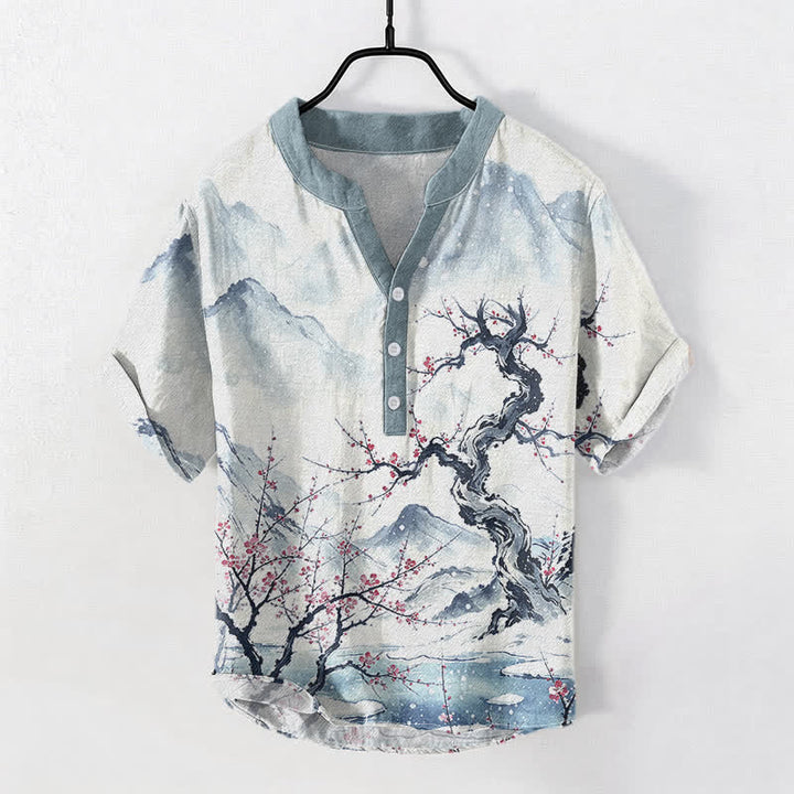Buddha Stones Koszula męska z krótkim rękawem i półguzikiem, z nadrukiem Cotton Ink Wash Mountain Plum Pattern - AliceBlue - US/UK/AU50, EU60 (5XL) - image 0