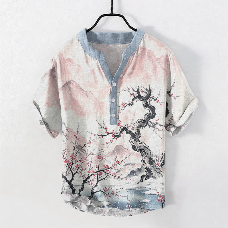 Buddha Stones Koszula męska z krótkim rękawem i półguzikiem, z nadrukiem Cotton Ink Wash Mountain Plum Pattern - MistyRose - US/UK/AU50, EU60 (5XL) - image 3
