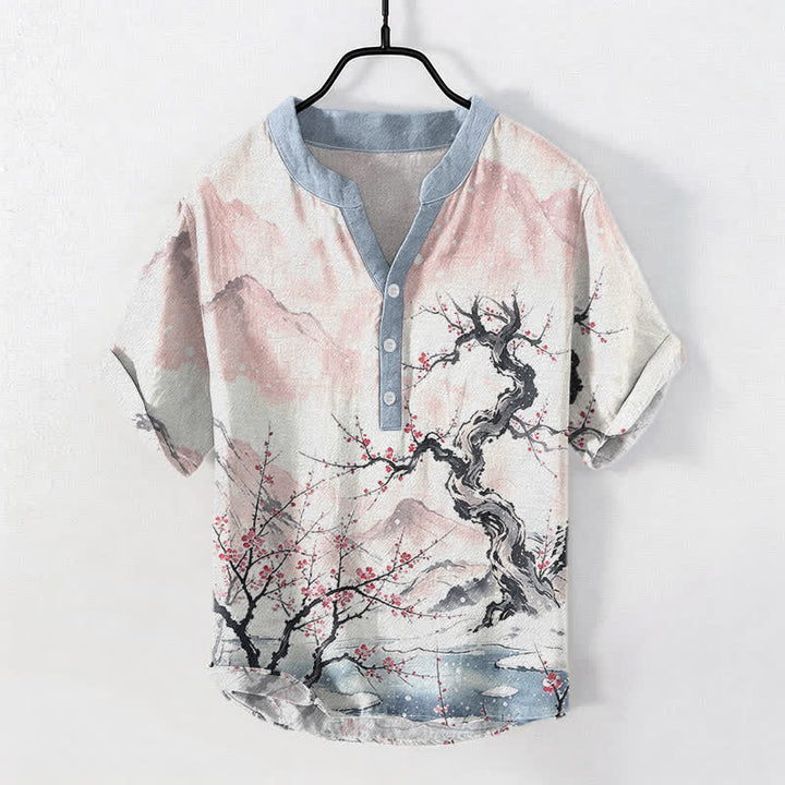 Buddha Stones Koszula męska z krótkim rękawem i półguzikiem, z nadrukiem Cotton Ink Wash Mountain Plum Pattern - MistyRose - US/UK/AU50, EU60 (5XL) - image 3