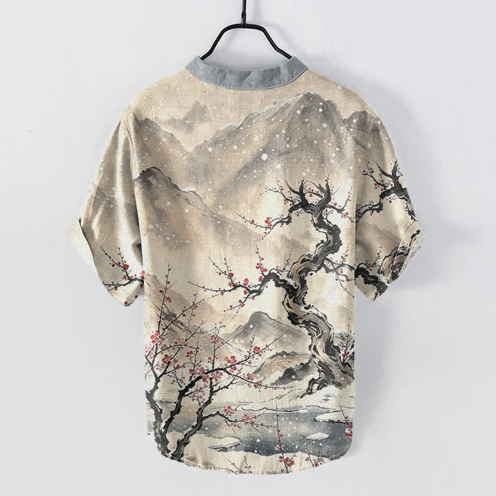 Buddha Stones Koszula męska z krótkim rękawem i półguzikiem, z nadrukiem Cotton Ink Wash Mountain Plum Pattern - image 6