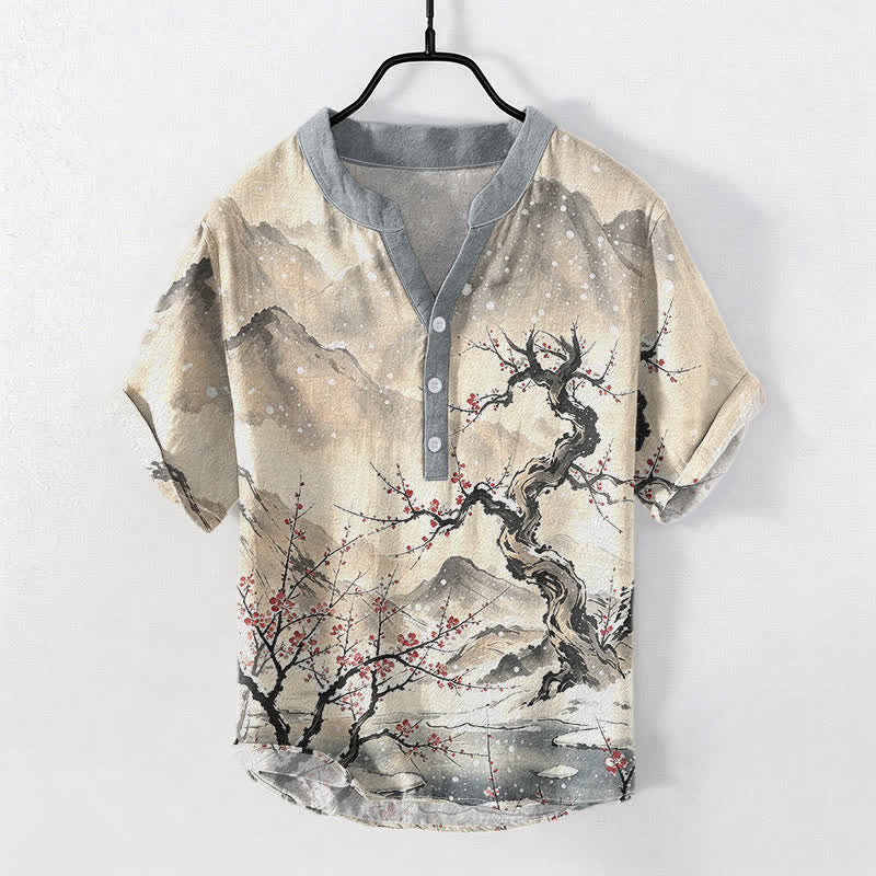 Buddha Stones Koszula męska z krótkim rękawem i półguzikiem, z nadrukiem Cotton Ink Wash Mountain Plum Pattern - Pszenica - US/UK/AU50, EU60 (5XL) - image 5