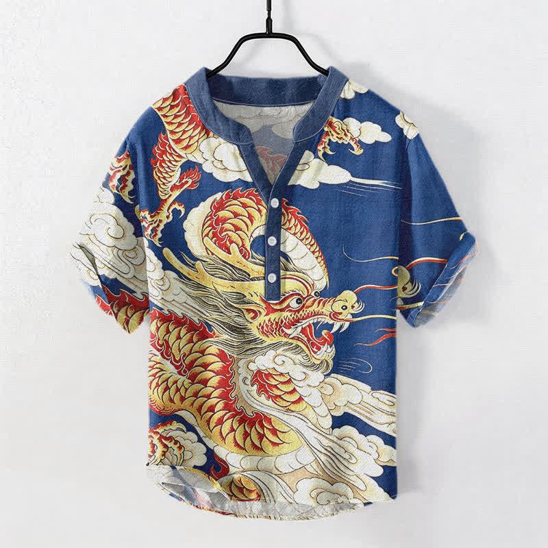 Buddha Stones Koszula męska z krótkim rękawem i półguzikiem, bawełniana, ze wzorem złotego smoka - RoyalBlue - US/UK/AU50, EU60 (5XL) - image 3