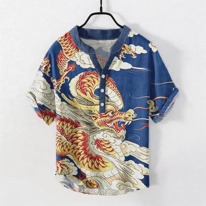 Buddha Stones Koszula męska z krótkim rękawem i półguzikiem, bawełniana, ze wzorem złotego smoka - RoyalBlue - US/UK/AU50, EU60 (5XL) - image 3