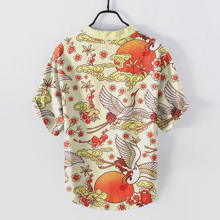 Buddha Stones Koszula męska z krótkim rękawem i półguzikiem z czystej bawełny z motywem żurawia i chmurki słonecznej w kwiaty - image 4