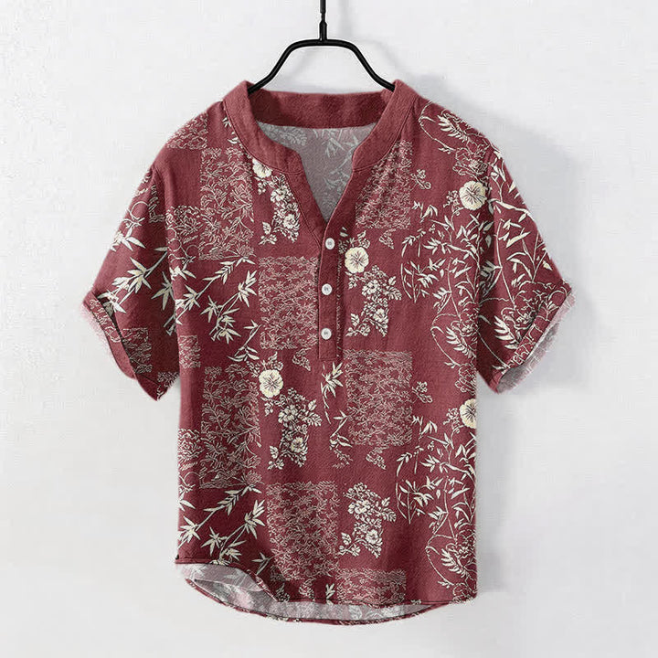 Buddha Stones Koszula męska z krótkim rękawem i krótkim guzikiem, bawełniana, z kwiatowym wzorem w patchwork z bambusa - Kasztanowaty - US/UK/AU50, EU60 (5XL) - image 7