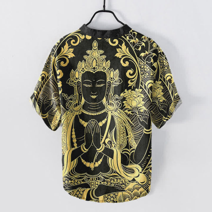 Buddha Stones Koszula męska z krótkim rękawem i krótkim guzikiem, bawełniana, z ikoną Złotego Buddy - image 1