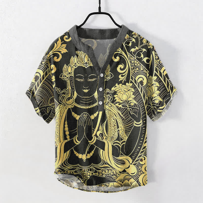 Buddha Stones Koszula męska z krótkim rękawem i krótkim guzikiem, bawełniana, z ikoną Złotego Buddy - Czarny - US/UK/AU50, EU60 (5XL) - image 0