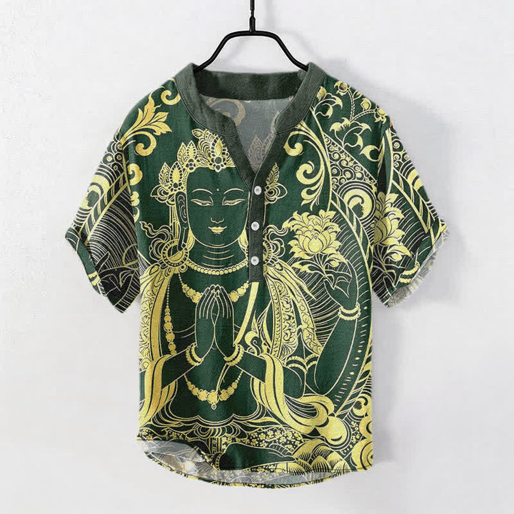 Buddha Stones Koszula męska z krótkim rękawem i krótkim guzikiem, bawełniana, z ikoną Złotego Buddy - ForestGreen - US/UK/AU50, EU60 (5XL) - image 5