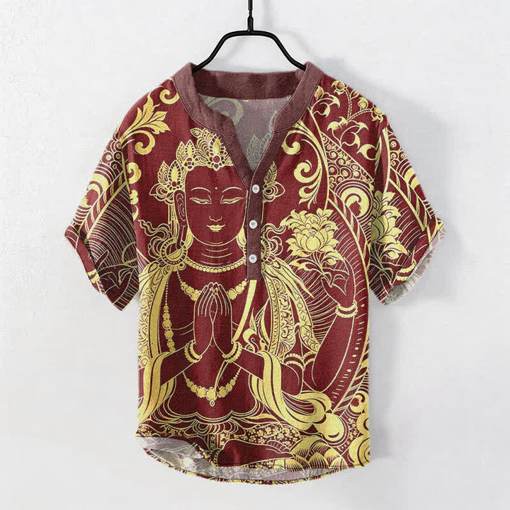 Buddha Stones Koszula męska z krótkim rękawem i krótkim guzikiem, bawełniana, z ikoną Złotego Buddy - Kasztanowaty - US/UK/AU50, EU60 (5XL) - image 7