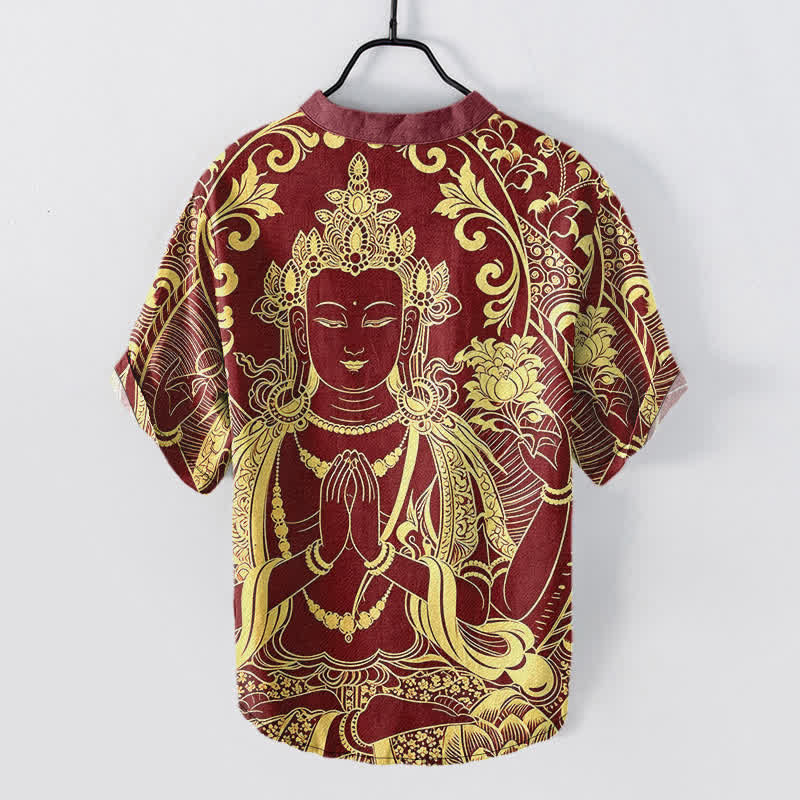 Buddha Stones Koszula męska z krótkim rękawem i krótkim guzikiem, bawełniana, z ikoną Złotego Buddy - image 8