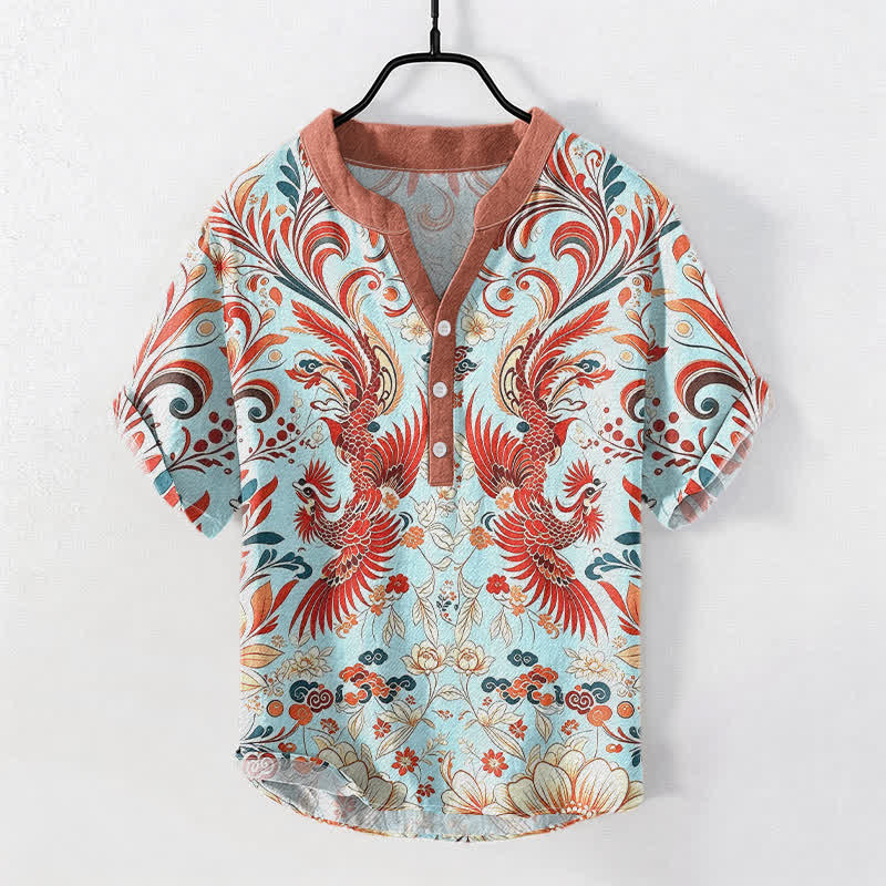Buddha Stones Koszula męska z krótkim rękawem i symetrycznym kwiatowym wzorem feniksa, bawełniana, zapinana na pół guzika - PaleTurquoise - US/UK/AU50, EU60 (5XL) - image 3