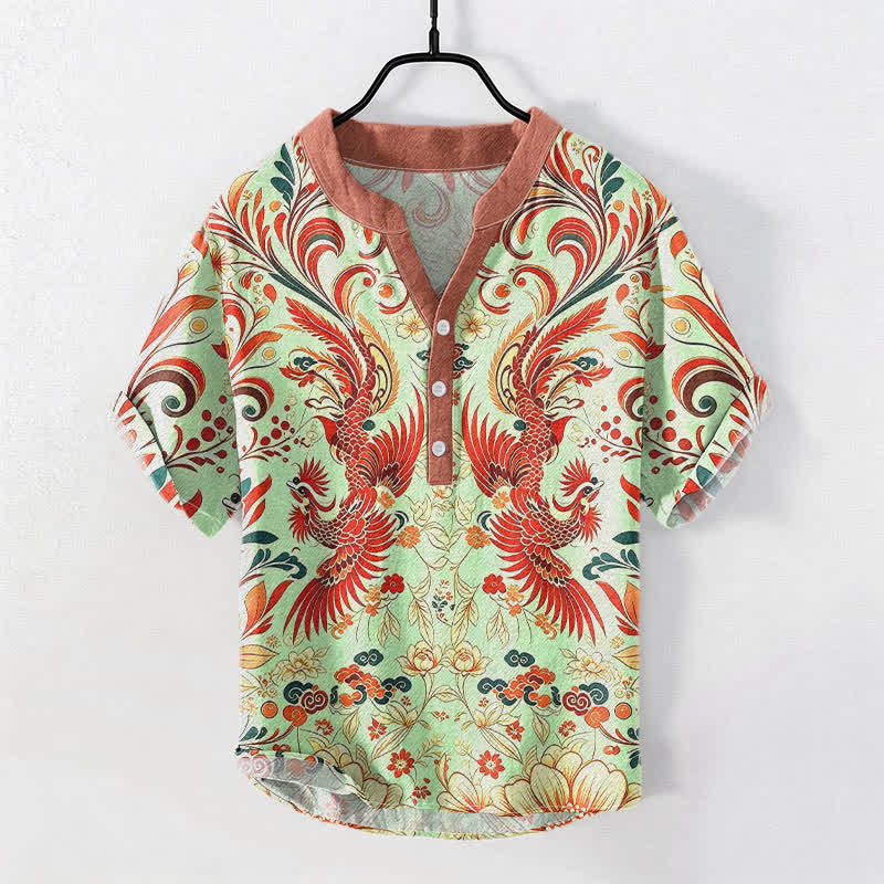 Buddha Stones Koszula męska z krótkim rękawem i symetrycznym kwiatowym wzorem feniksa, bawełniana, zapinana na pół guzika - MintCream - US/UK/AU50, EU60 (5XL) - image 5