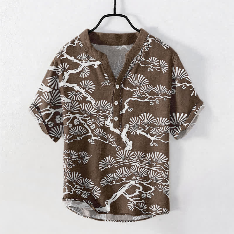 Buddha Stones Koszula męska z krótkim rękawem i krótkim guzikiem, bawełniana, z białym wzorem i igła sosnowa - SaddleBrown - US/UK/AU50, EU60 (5XL) - image 5