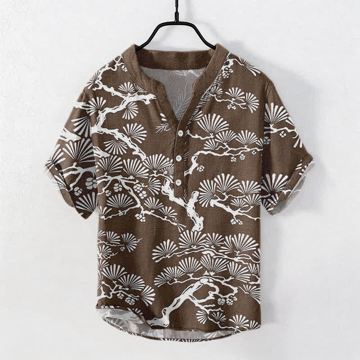 Buddha Stones Koszula męska z krótkim rękawem i krótkim guzikiem, bawełniana, z białym wzorem i igła sosnowa - SaddleBrown - US/UK/AU50, EU60 (5XL) - image 5