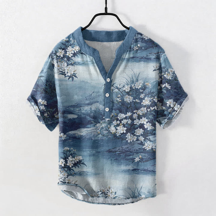 Buddha Stones Koszula męska z krótkim rękawem i krótkim rękawem z kwiatowym motywem akwarelowym i zapięciem na guziki - LightSteelBlue - US/UK/AU50, EU60 (5XL) - image 5