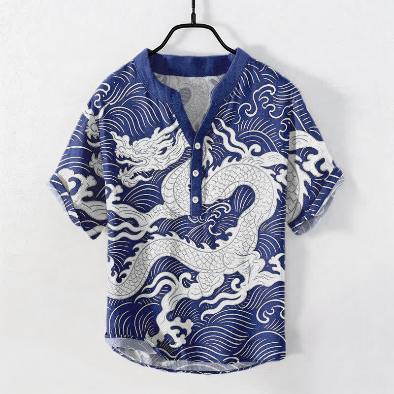 Buddha Stones Koszula męska z krótkim rękawem i falą w kolorze białym z bawełny, zapinana na pół guzika - RoyalBlue - US/UK/AU50, EU60 (5XL) - image 7