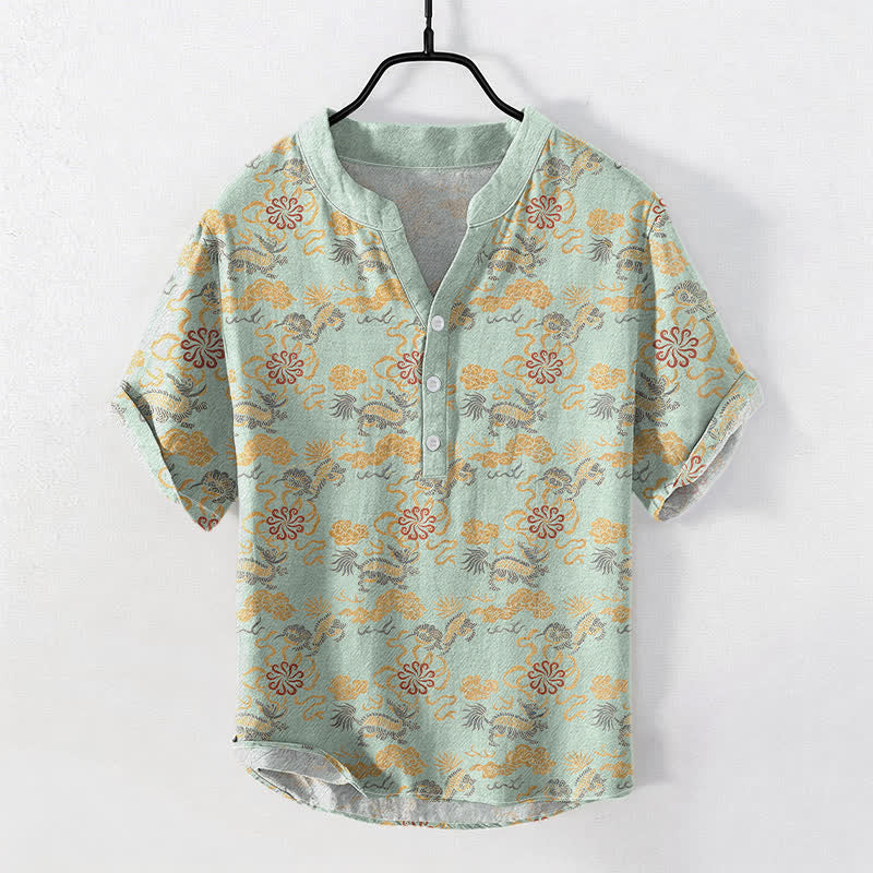 Buddha Stones Koszula męska z krótkim rękawem i krótkim guzikiem, bawełniana, z orientalnym kwiatowym wzorem w chmurki i fale - MintCream - US/UK/AU50, EU60 (5XL) - image 5