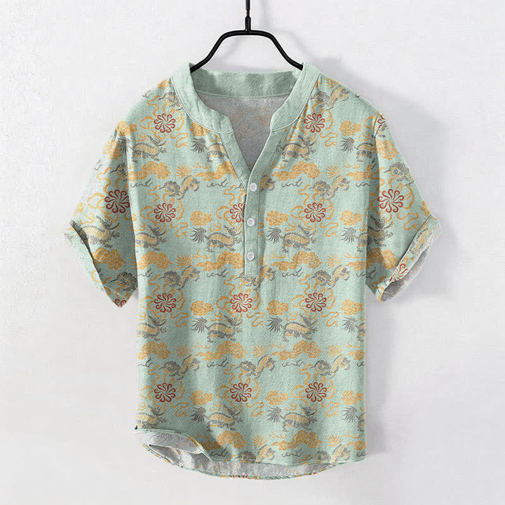 Buddha Stones Koszula męska z krótkim rękawem i krótkim guzikiem, bawełniana, z orientalnym kwiatowym wzorem w chmurki i fale - MintCream - US/UK/AU50, EU60 (5XL) - image 5