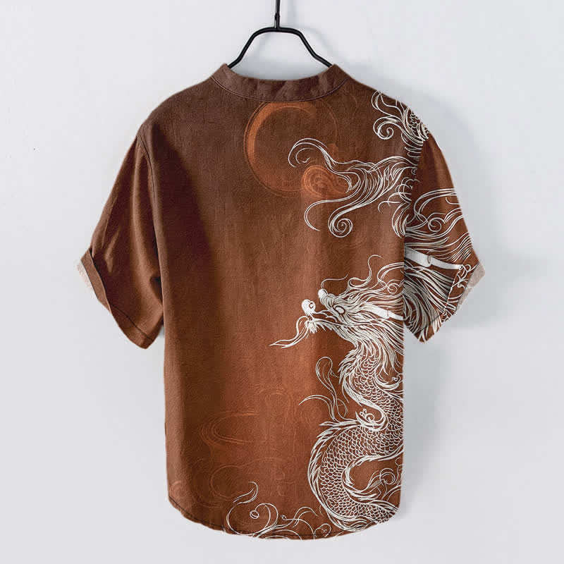 Buddha Stones Koszula męska z krótkim rękawem i dużym, białym wzorem smoka, bawełniana, zapinana na pół guzika - image 6