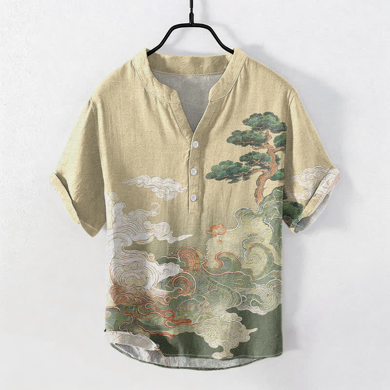 Buddha Stones Koszula męska z krótkim rękawem i półguzikiem w kolorze sosny i bawełny z falami - Khaki - US/UK/AU50, EU60 (5XL) - image 0