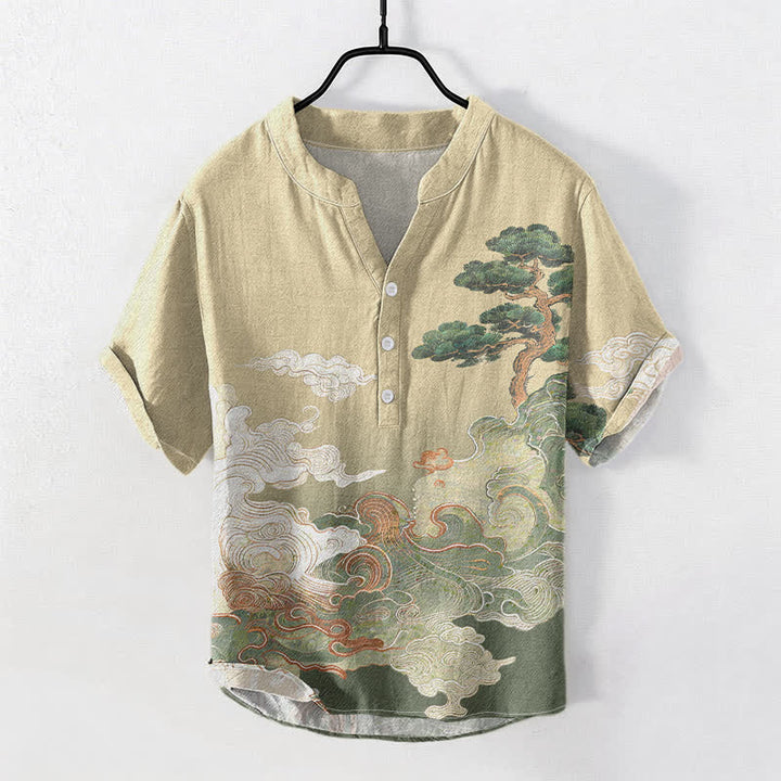 Buddha Stones Koszula męska z krótkim rękawem i półguzikiem w kolorze sosny i bawełny z falami - Khaki - US/UK/AU50, EU60 (5XL) - image 0